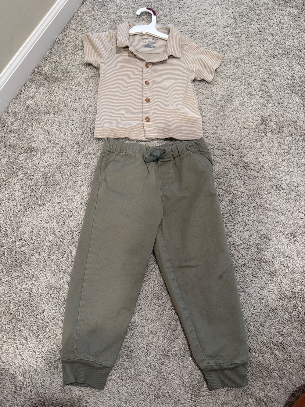 Toddler boy Beige Striped Button-Front Top and Olive Jogger Set